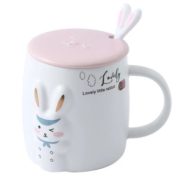 Cute Rabbit Ceramics Mug With Lid and spoon